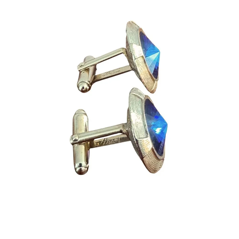 Anson Signed Blue Rivoli Crystal Gold Tone Cufflinks Vintage